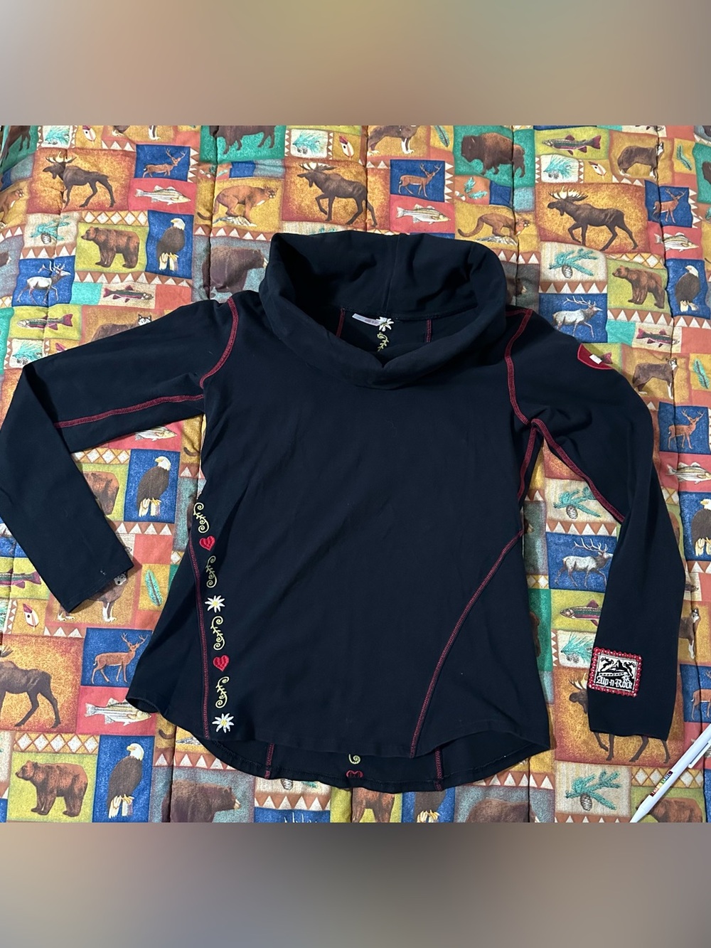 Alp N Rock long  Sleeve Black Top with Red Stitching and Floral Accents